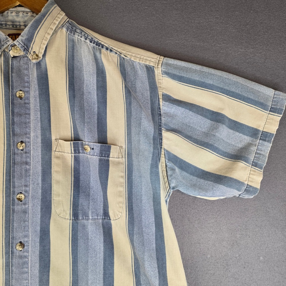 Faded Glory Button Down Shirt Mens XL Blue Striped Vintage Short Sleeve Denim